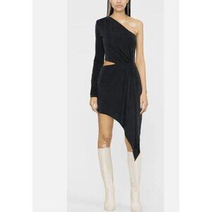GAUGE 81 Women Black Suani Ruched Asymmetric Cutout One Shoulder Long Sleeve Dre